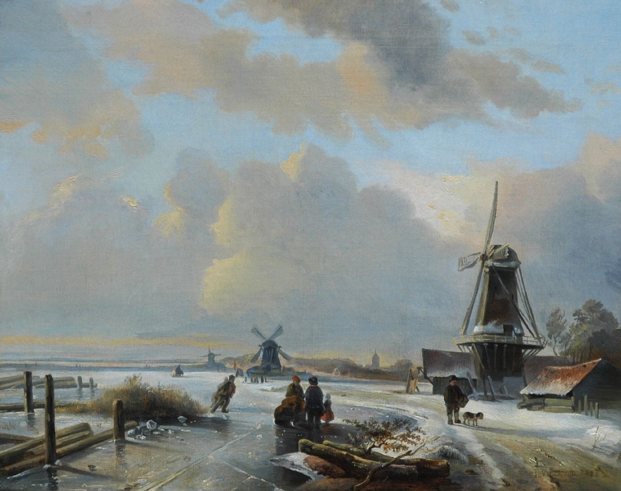 Pieter Voskuil | Winterlandschap met schaatsers op een bevroren rivier, olieverf op doek, 39,1 x 48,8 cm, gesigneerd r.o. en gedateerd 1837