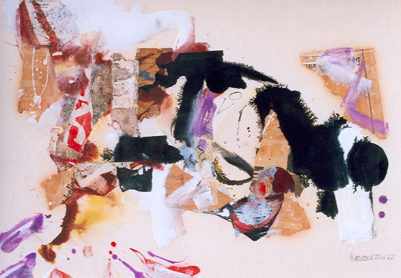 Sam Middleton | Fallen Feathers, gemengde techniek en collage op papier, 45,5 x 62,0 cm, gesigneerd r.o. en gedateerd '62