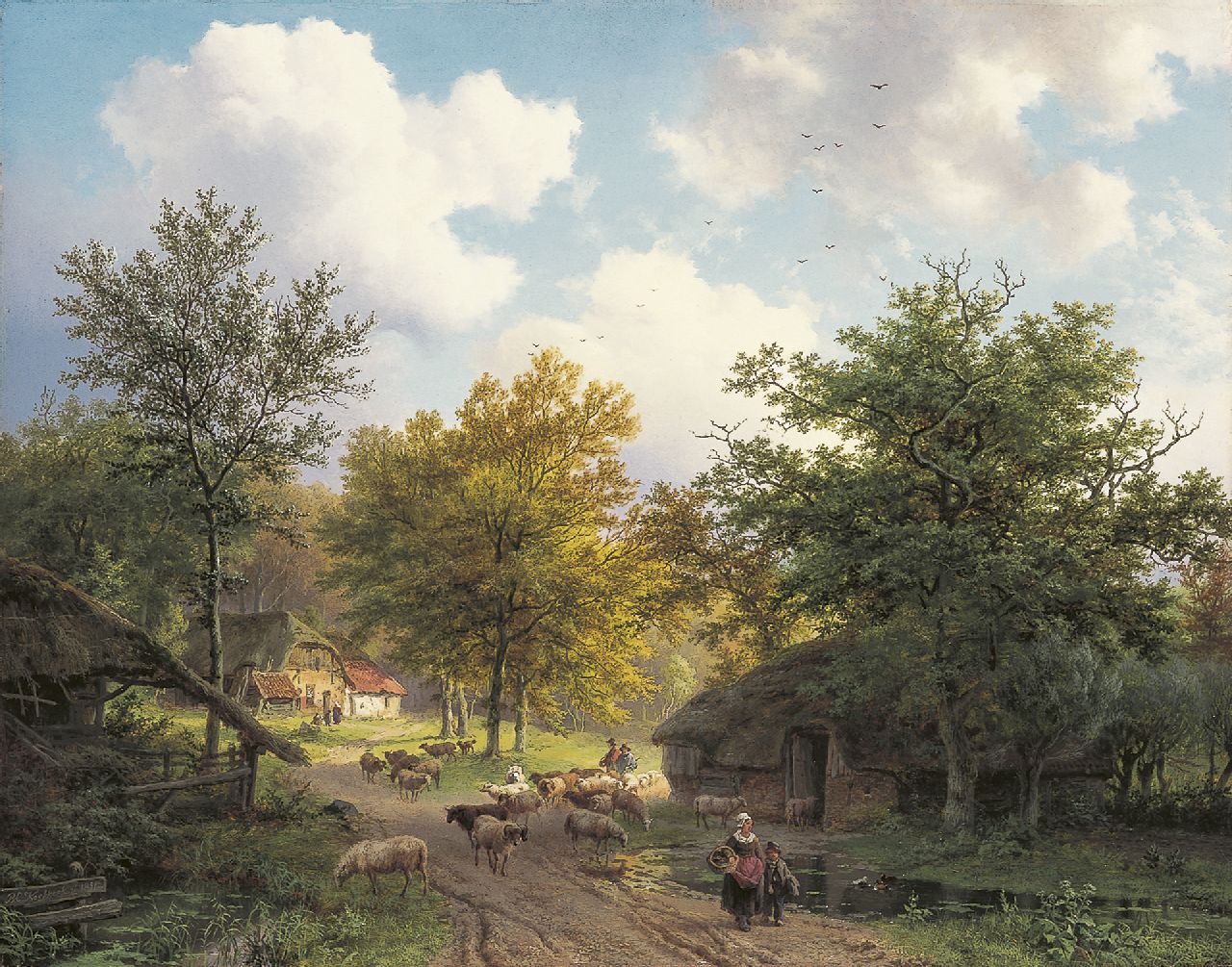Koekkoek B.C.  | Barend Cornelis Koekkoek, Boslandschap met boerenhutten en kudde bij een schaapskooi, olieverf op paneel 39,5 x 50,0 cm, gesigneerd linksonder en gedateerd 1851