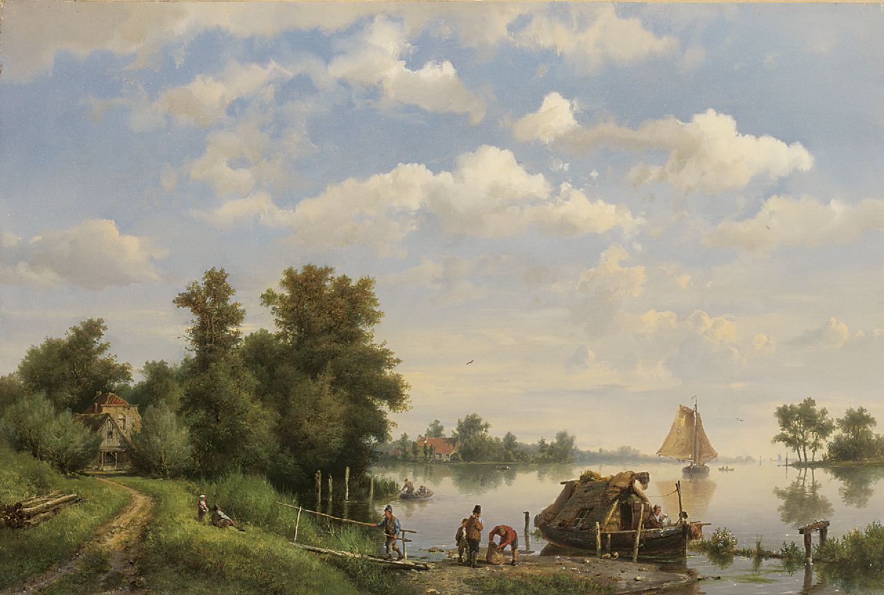 Koekkoek H.  | Hermanus Koekkoek, Kalme rivier met schepen en afgemeerde woonschuit, olieverf op doek 38,4 x 56,8 cm, gesigneerd linksonder en gedateerd 1863