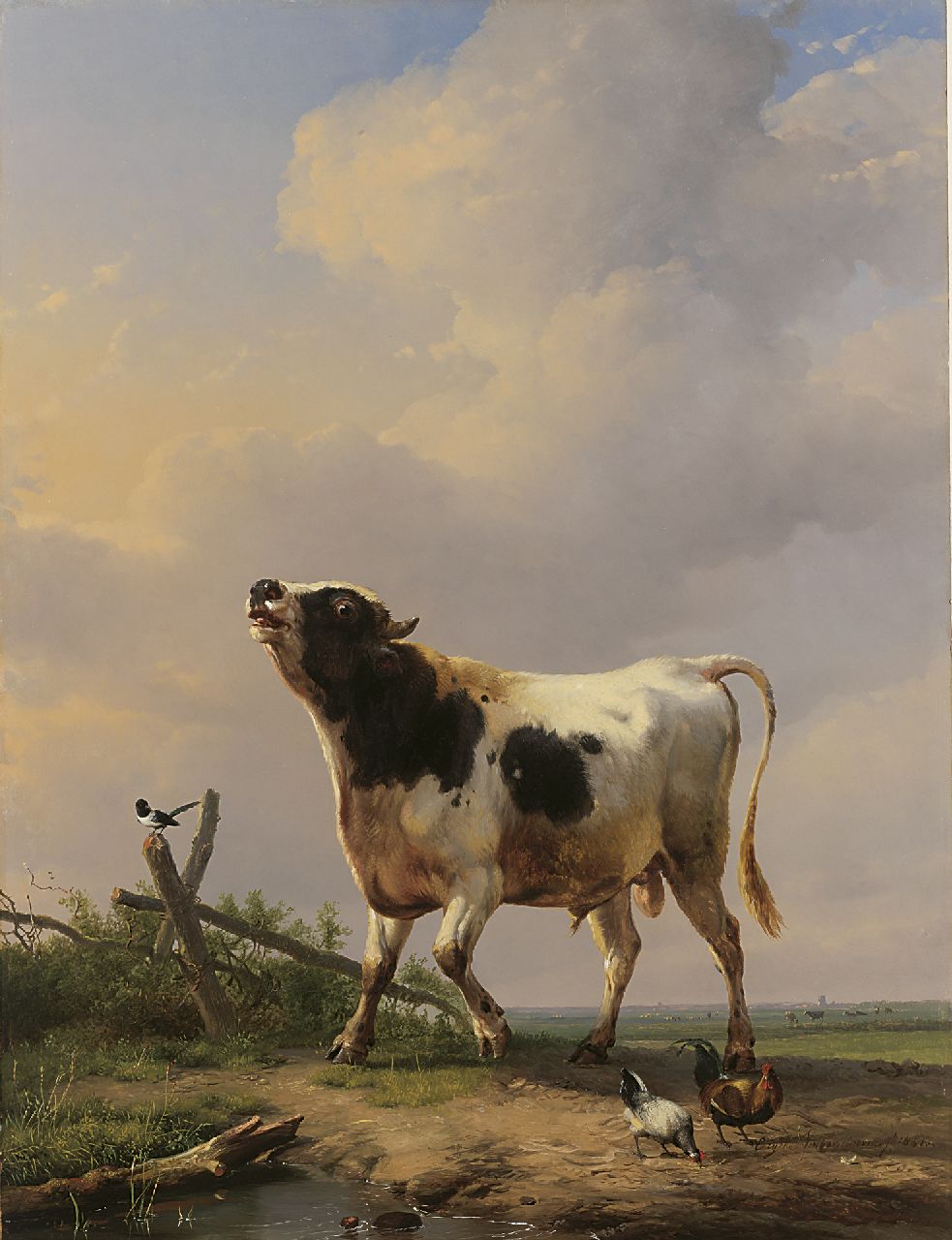 Verboeckhoven E.J.  | Eugène Joseph Verboeckhoven, Jonge stier in polderlandschap, olieverf op paneel 72,4 x 55,0 cm, gesigneerd rechtsonder en gedateerd 1851