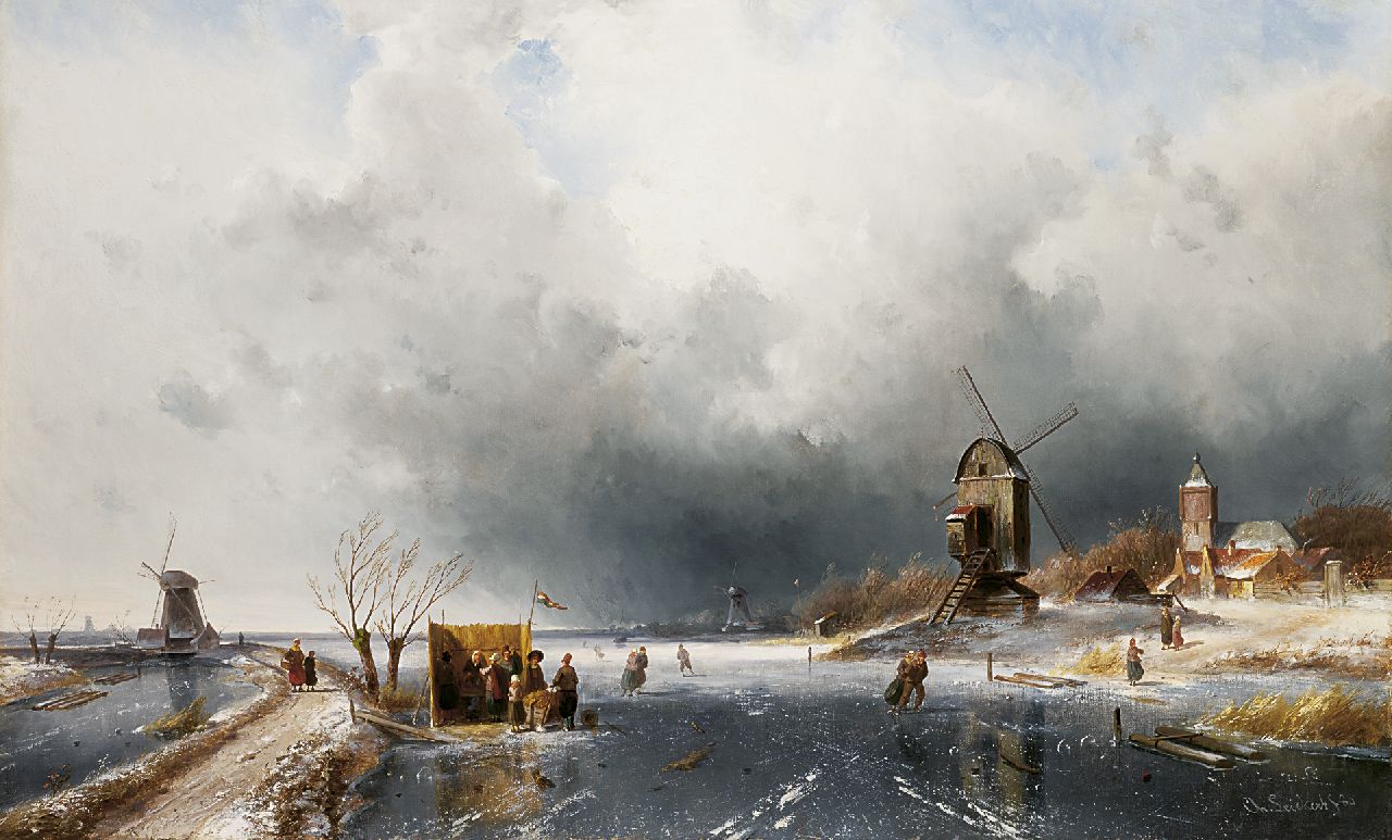 Leickert C.H.J.  | 'Charles' Henri Joseph Leickert, Schaatsers en koek-en-zopie in opkomende storm, olieverf op doek 61,4 x 100,3 cm, gesigneerd rechtsonder en gedateerd '80