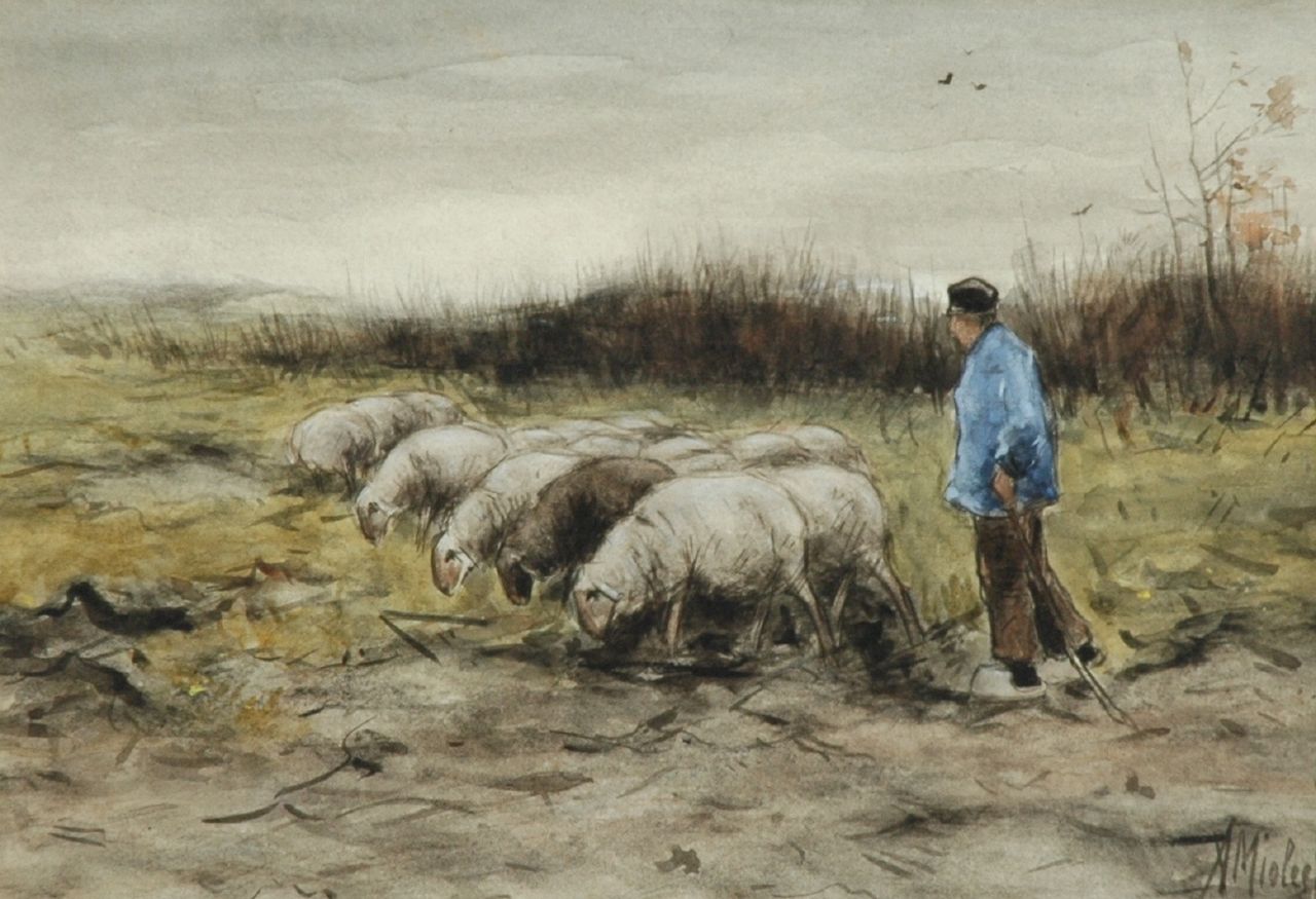 Miolée A.  | Adrianus 'Adriaan' Miolée, Herder met schaapskudde, aquarel op papier 21,5 x 31,0 cm, gesigneerd rechtsonder