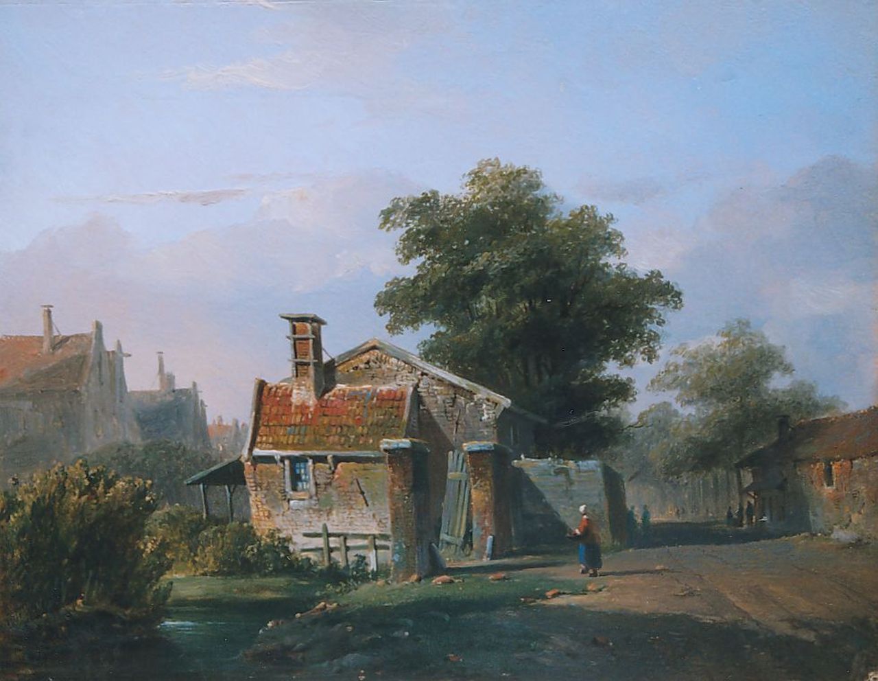Eversen A.  | Adrianus Eversen, Huisje aan een achterpad, olieverf op paneel 21,9 x 28,2 cm