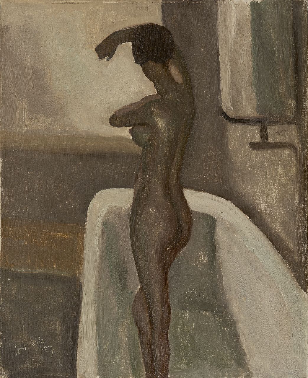 Kelder A.B.  | Antonius Bernardus 'Toon' Kelder | Schilderijen te koop aangeboden | Vrouwelijk naakt staand in bad, olieverf op doek 56,0 x 46,3 cm, gesigneerd linksonder en gedateerd '27