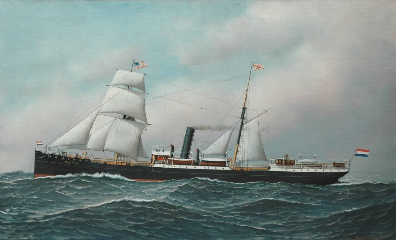 Jacobsen A.N.G. | Antonio Nicolo Gasparo 'Anthony' Jacobsen, Het stoom-zeilschip De Oranje Nassau onder zeil naar Amerika, olieverf op doek 56,3 x 91,4 cm, gesigneerd rechtsonder en gedateerd 1901 Jacobsen A.N.G. | Antonio Nicolo Gasparo 'Anthony' Jacobsen, Het stoom-zeilschip De Oranje Nassau onder zeil naar Amerika, olieverf op doek 56,3 x 91,4 cm, gesigneerd rechtsonder en gedateerd 1901