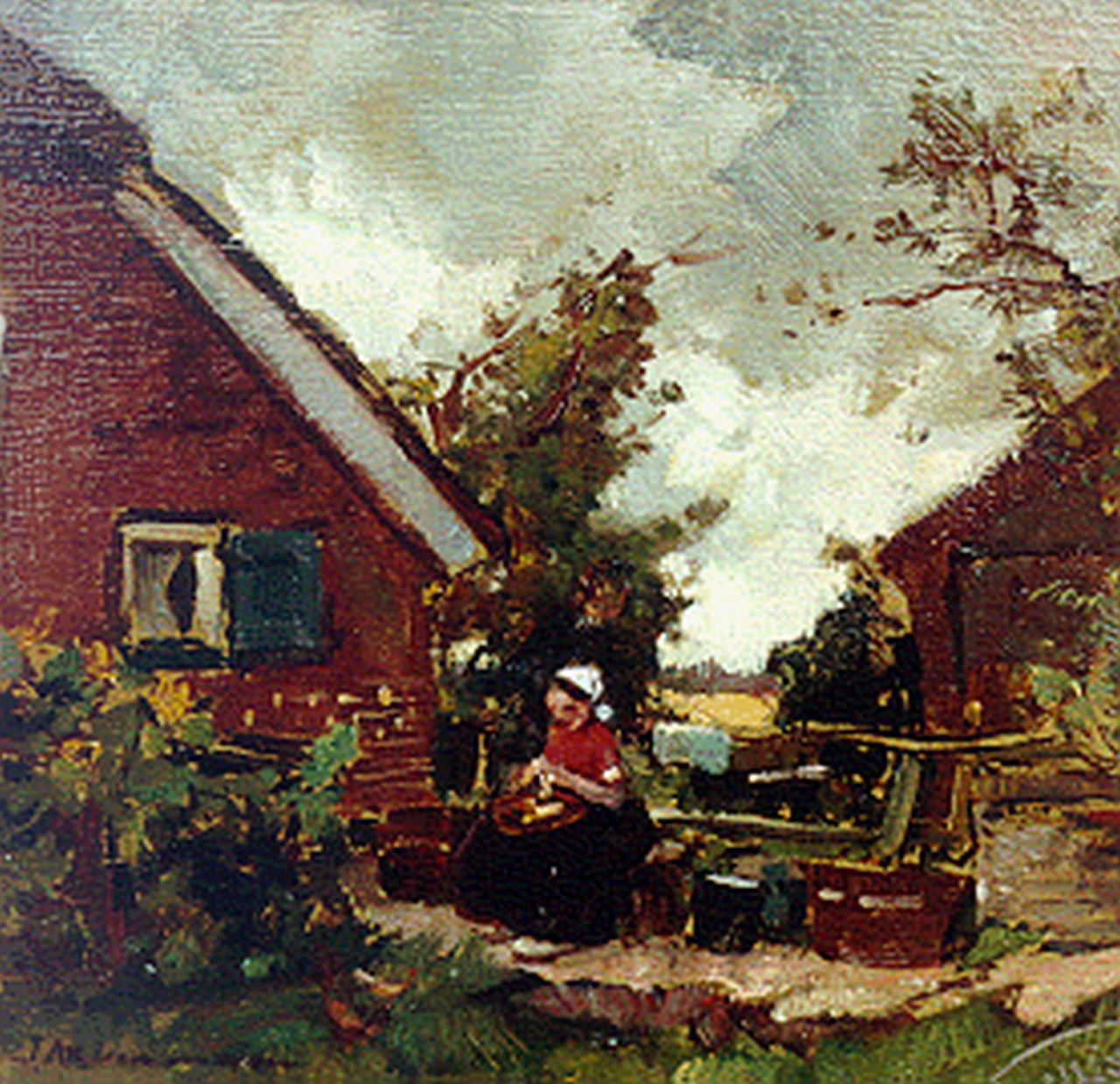 Akkeringa J.E.H.  | 'Johannes Evert' Hendrik Akkeringa, Boerenvrouw op haar erf, olieverf op paneel 15,7 x 16,2 cm, gesigneerd linksonder
