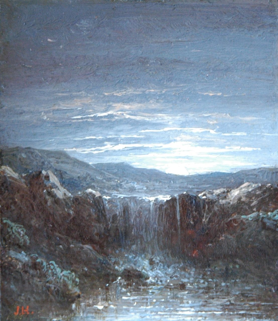 Hilverdink J.  | Johannes Hilverdink, Waterval bij maanlicht, olieverf op paneel 10,1 x 8,7 cm, gesigneerd linksonder met initialen, en geschonken aan de Kunsthal