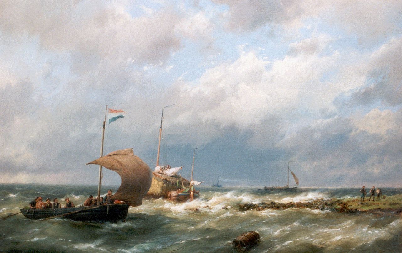 Koekkoek H.  | Hermanus Koekkoek, Vrachtschip en veerdienst op woelig water, olieverf op doek 36,5 x 58,2 cm, gesigneerd rechtsonder