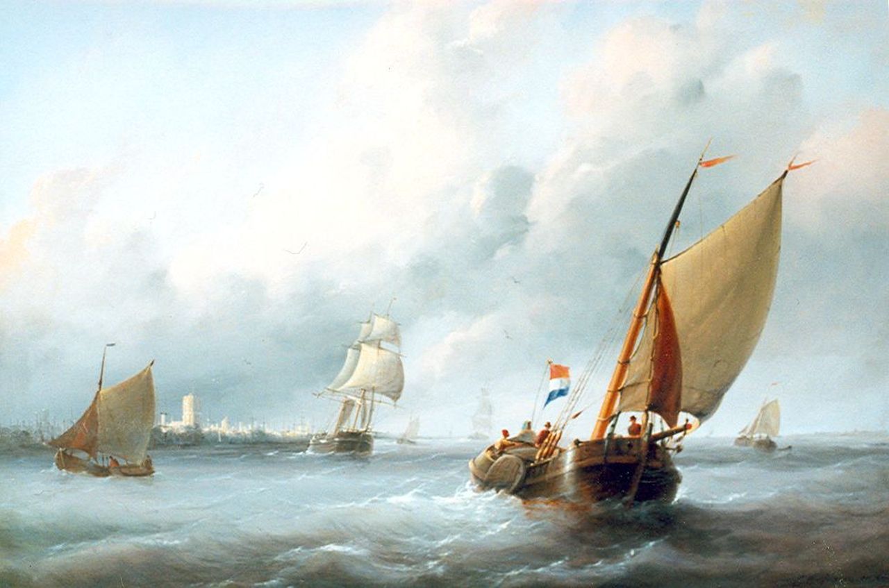 Christiaan Cornelis Kannemans | Zeilschepen in een stevige bries op de rede van Brielle, olieverf op paneel, 50,7 x 69,1 cm, gesigneerd r.o.