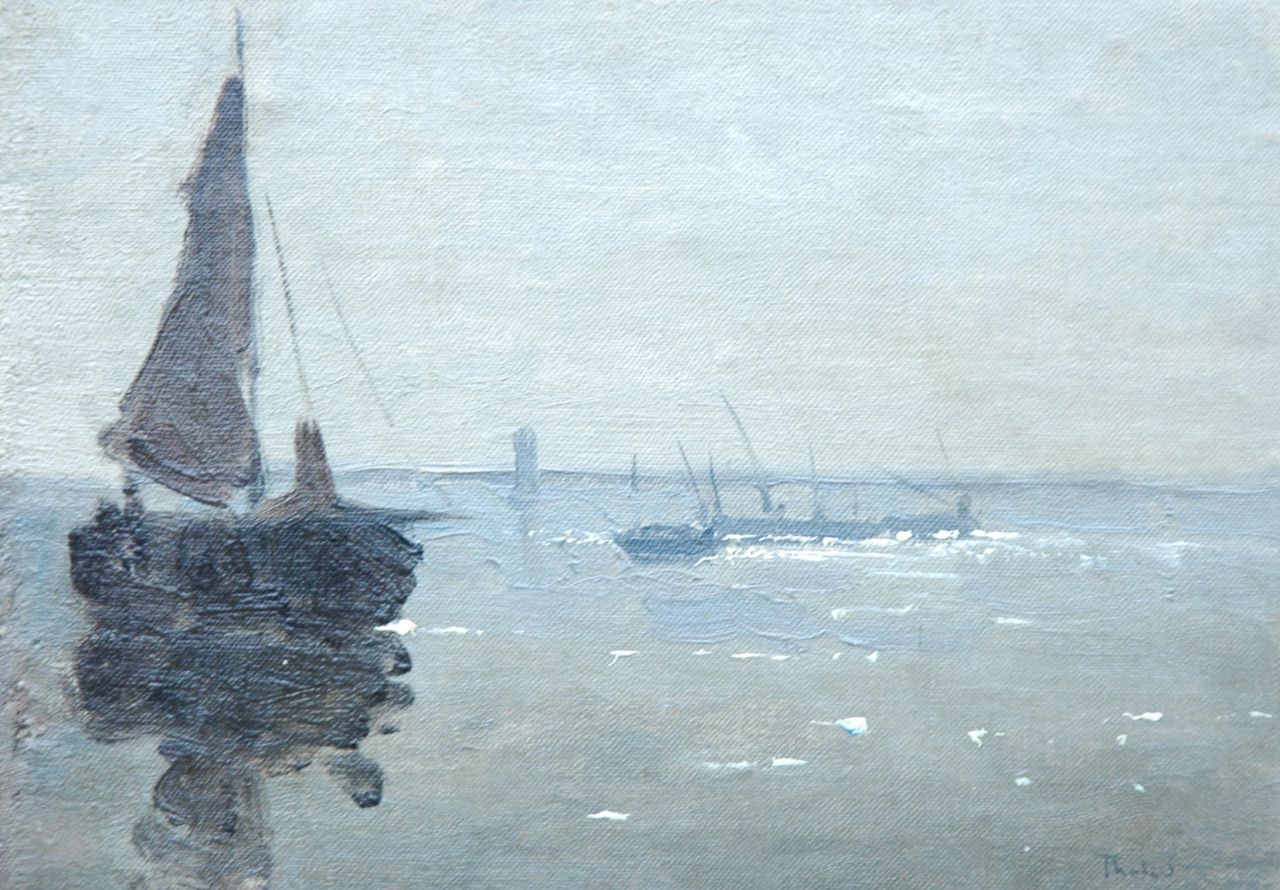 Tholen W.B.  | Willem Bastiaan Tholen, Vroege ochtend op het water, olieverf op doek op paneel 15,8 x 22,1 cm, gesigneerd rechtsonder