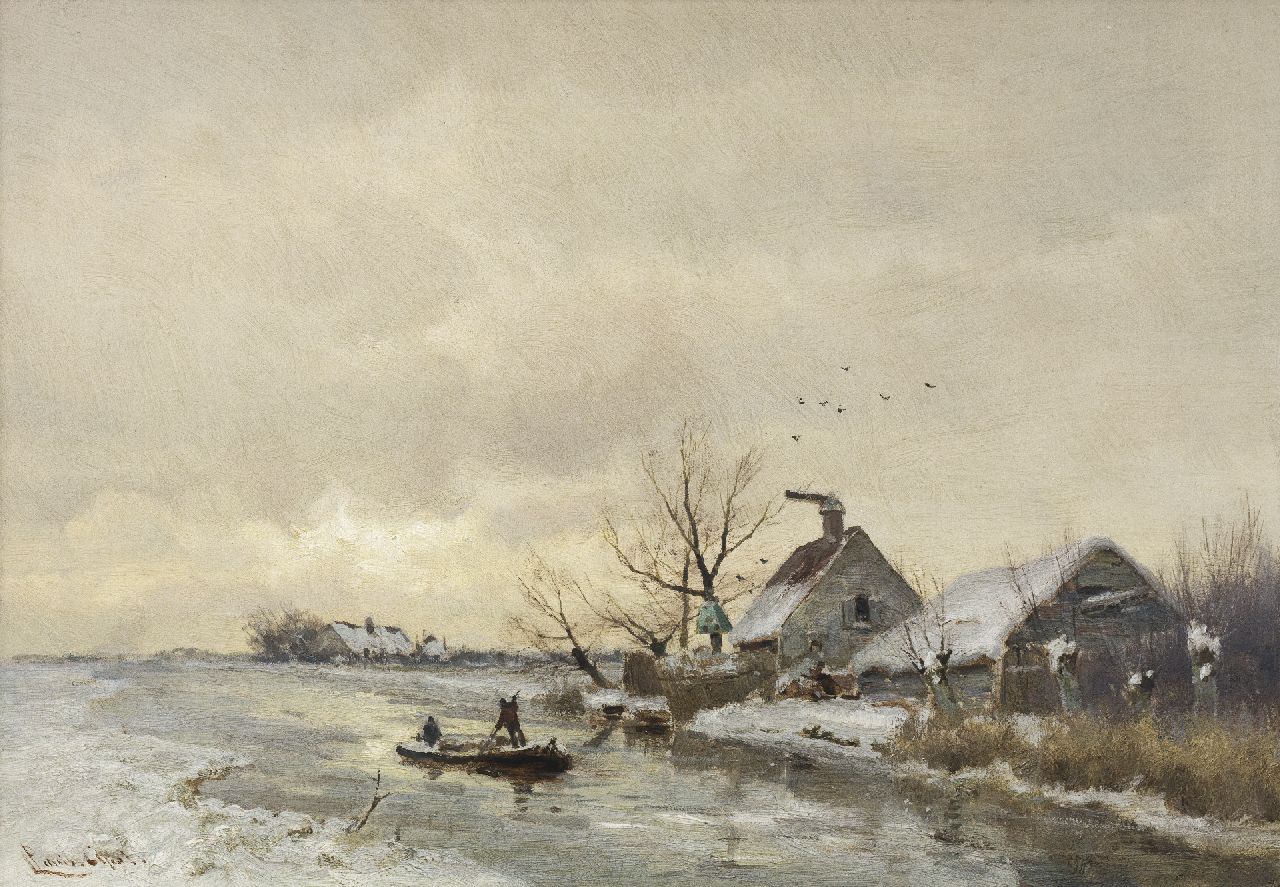 Apol L.F.H.  | Lodewijk Franciscus Hendrik 'Louis' Apol, Poldervaart in de sneeuw, olieverf op paneel 29,1 x 41,5 cm, gesigneerd linksonder