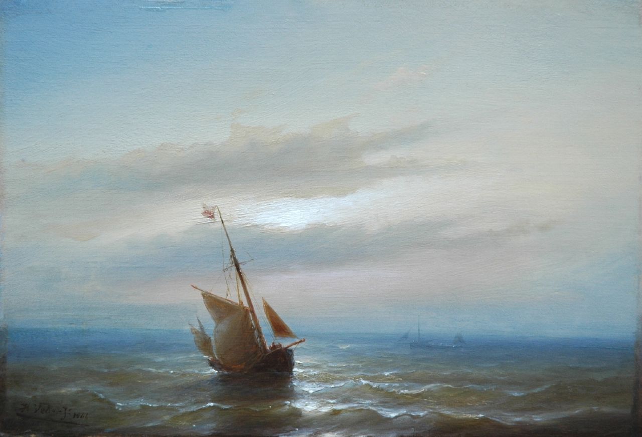 Veder H.  | Hendrik Veder, Zeilschip op zee bij vallende avond, olieverf op paneel 22,9 x 33,3 cm, gesigneerd linksonder en gedateerd 1866