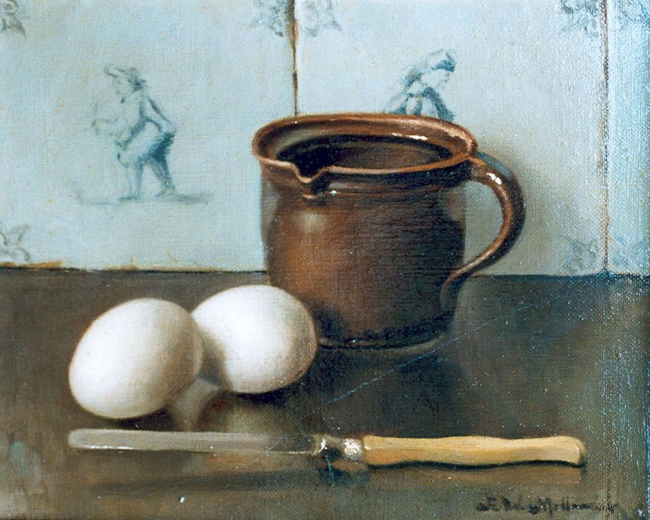 Millenaar P.W.  | Pieter Wilhelm Millenaar, Twee eieren, een kom en een mes voor een tegelwand, olieverf op doek 20,2 x 25,2 cm, gesigneerd rechtsonder