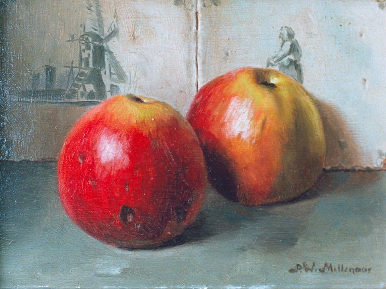 Millenaar P.W.  | Pieter Wilhelm Millenaar, Twee appels voor een tegelwand, olieverf op paneel 18,3 x 24,2 cm, gesigneerd rechtsonder