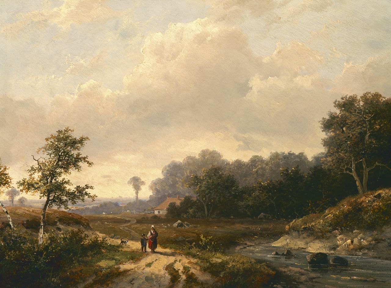 Koekkoek P.H.  | Pieter Hendrik 'H.P.' Koekkoek, Wandeling door panoramisch landschap, olieverf op paneel 25,3 x 33,4 cm, gesigneerd middenonder