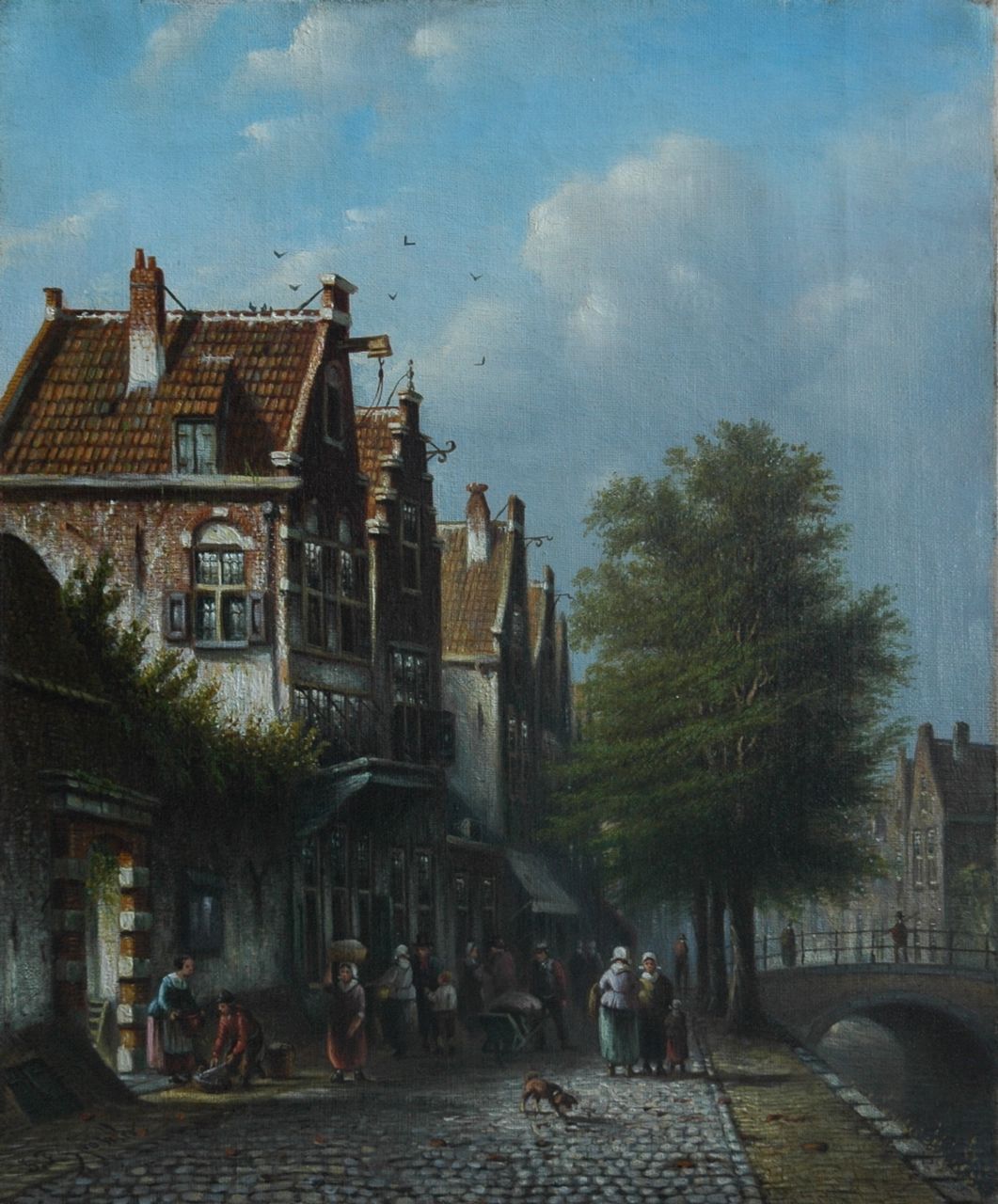 Spohler J.F.  | Johannes Franciscus Spohler, Dagelijkse drukte in een Oudhollands stadje, olieverf op doek 37,5 x 31,1 cm, gesigneerd linksonder