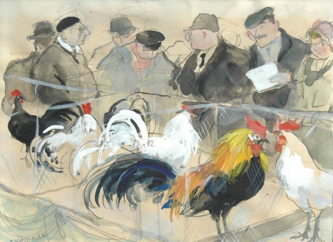 Holleman F.  | Frida Holleman, Hanen op de tentoonstelling van Avicultura, potlood, aquarel en gouache op papier 11,8 x 15,5 cm, gesigneerd linksonder