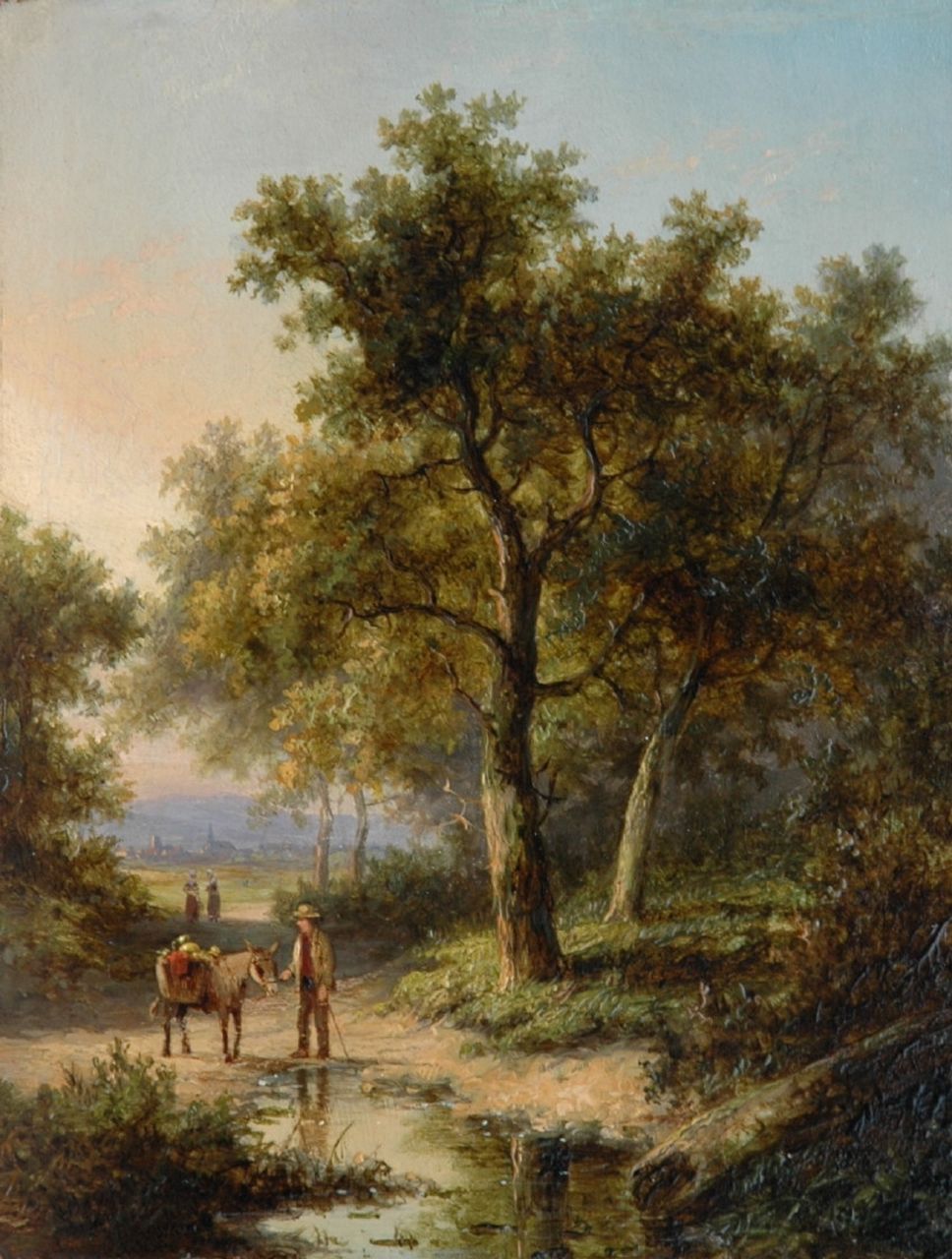 Morel II J.E.  | Jan Evert Morel II, Reiziger met pakezel op een bospad, olieverf op paneel 18,1 x 13,7 cm, gesigneerd linksonder