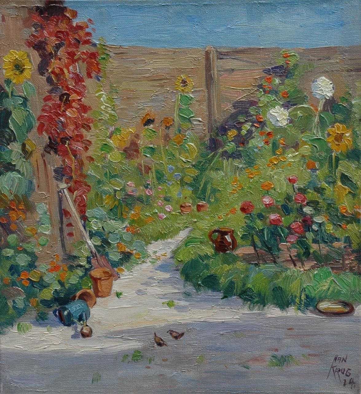Krug J.  | Johannes 'Han' Krug, Zonnige tuin in de Begoniastraat, Den Haag, olieverf op doek 33,0 x 30,3 cm, gesigneerd rechtsonder en gedateerd '24