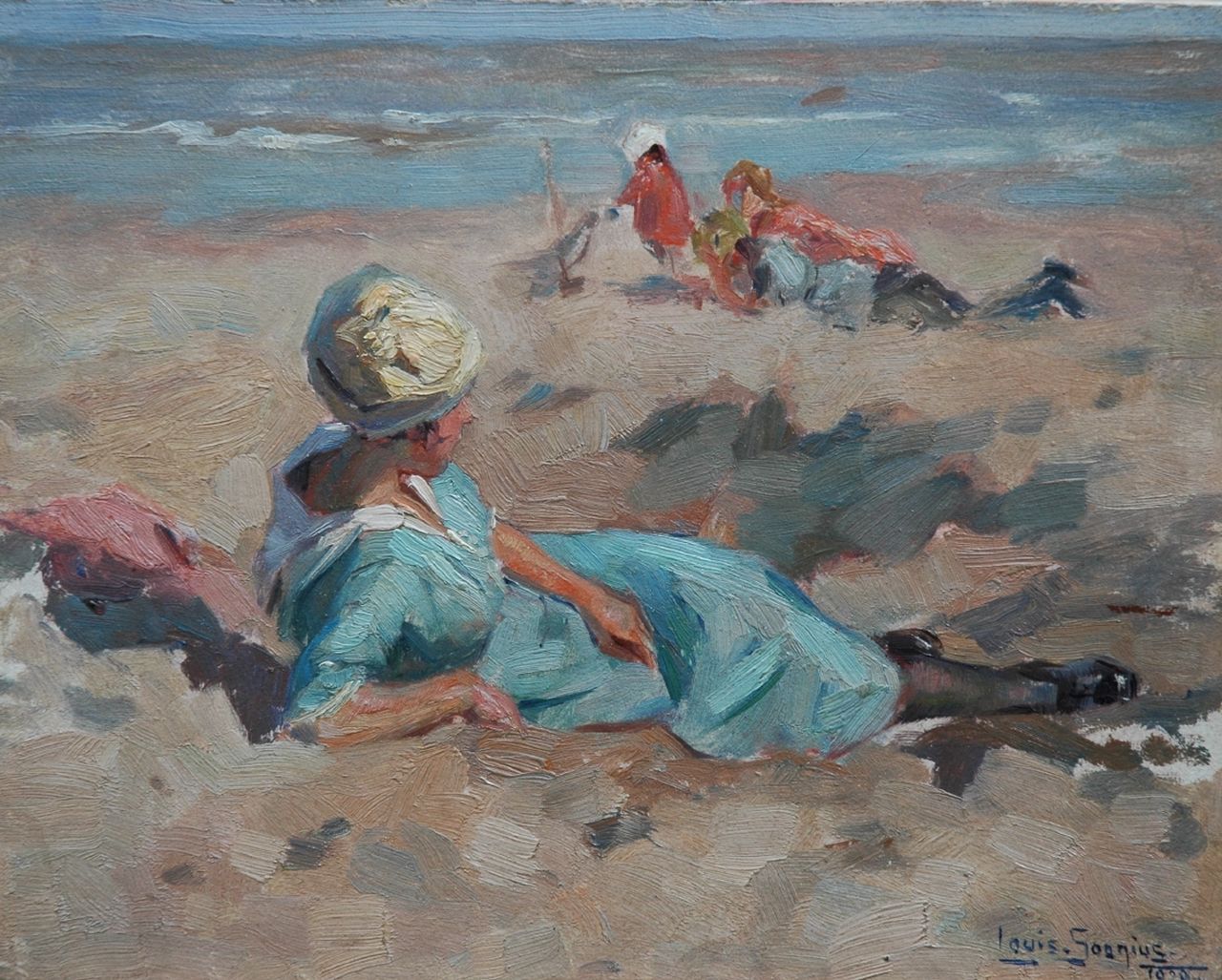 Soonius L.  | Lodewijk 'Louis' Soonius, Zomerdag op het strand, olieverf op board 26,4 x 33,5 cm, gesigneerd rechtsonder en gedateerd 1920