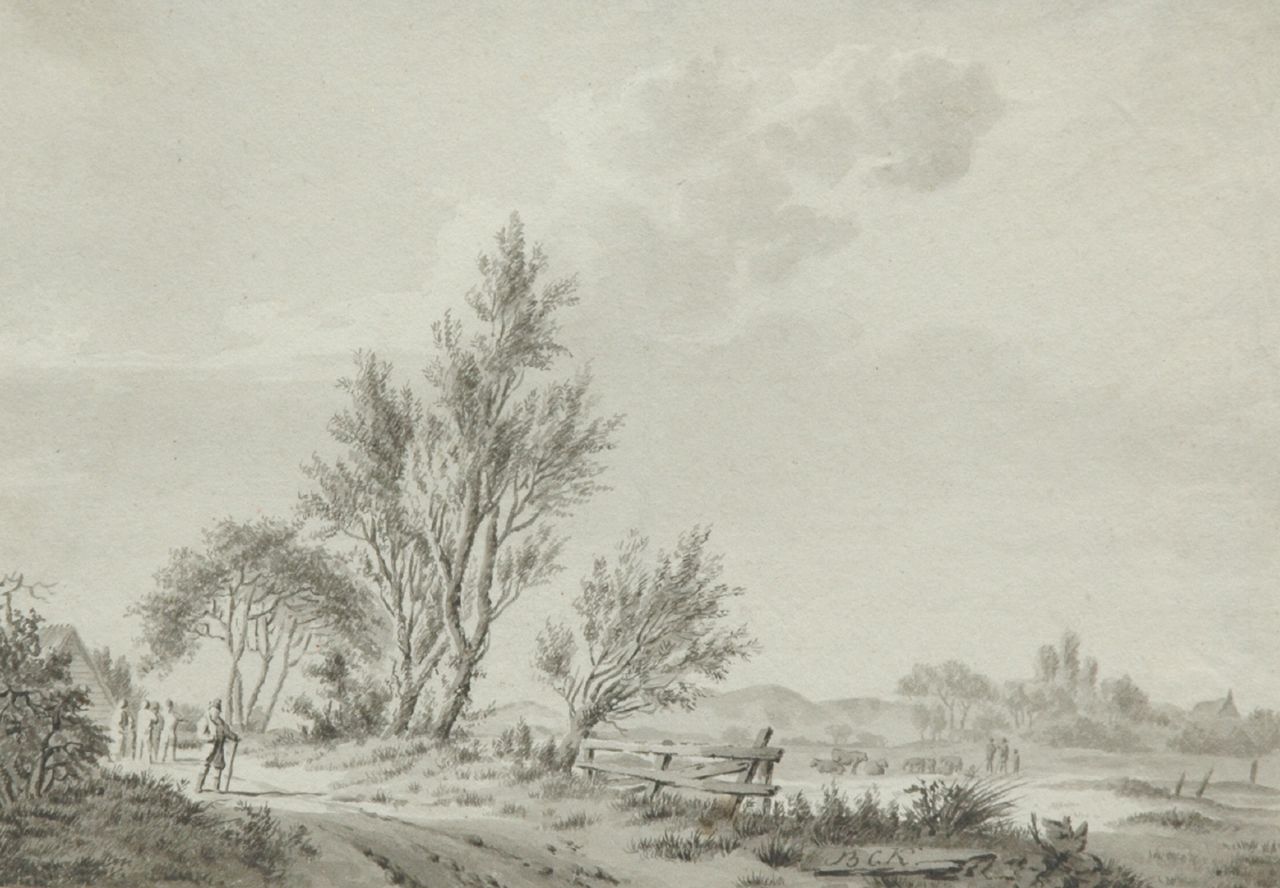Koekkoek B.C.  | Barend Cornelis Koekkoek, Zomers landschap met reizigers en veehoeders, pen en gewassen inkt op papier 14,0 x 19,9 cm, gesigneerd rechts van het midden.