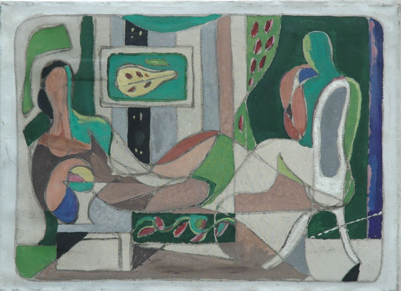 Voskuyl J.  | Jan 'Jeroen' Voskuyl, Interieur met twee figuren, gouache op doek 34,2 x 47,2 cm, gesigneerd verso en gedateerd 1942 verso