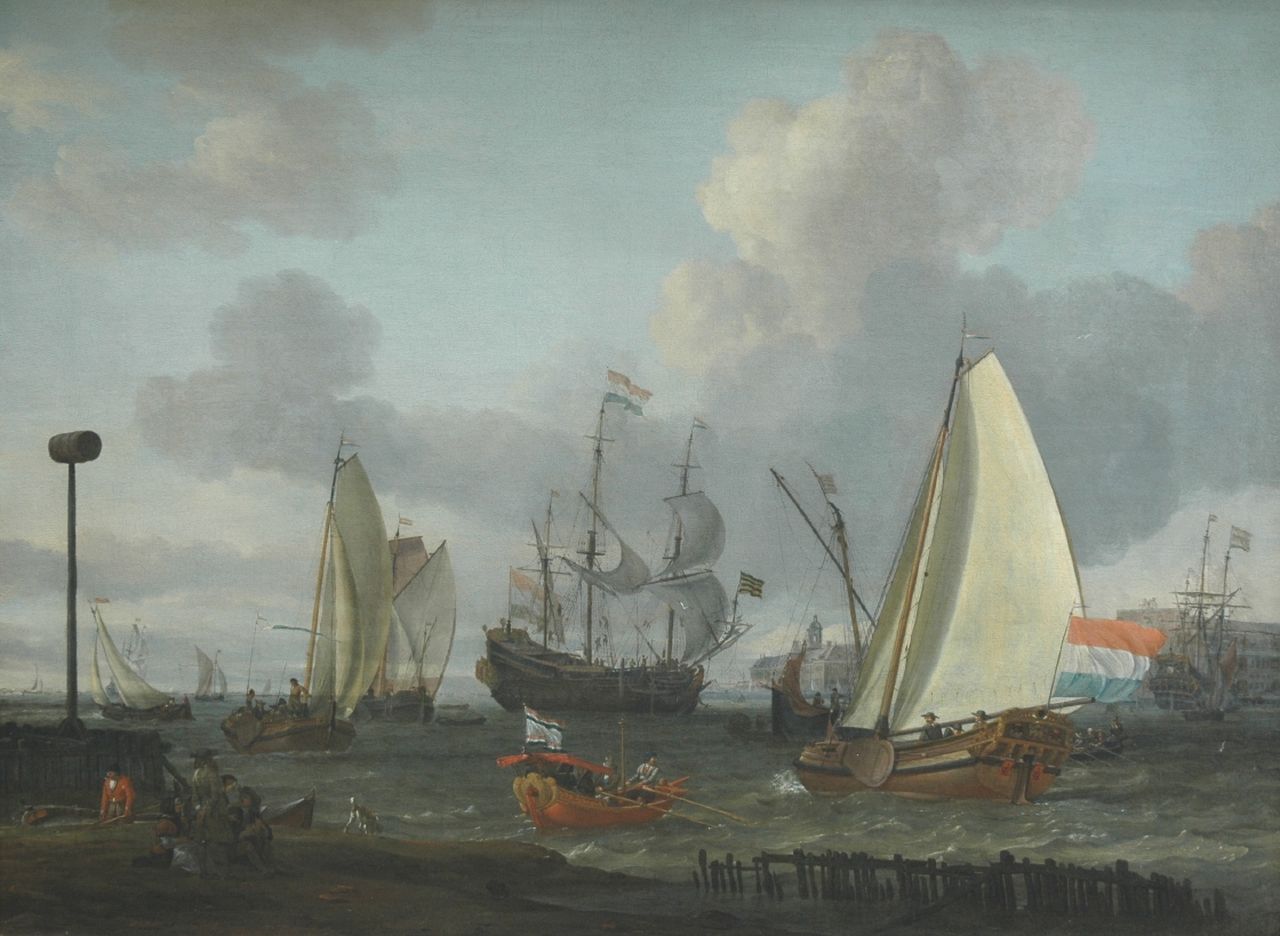 Storck A.  | Abraham Storck, Schepen in een Hollandse haven, mogelijk Amsterdam, olieverf op doek 70,2 x 94,0 cm, gesigneerd linksonder
