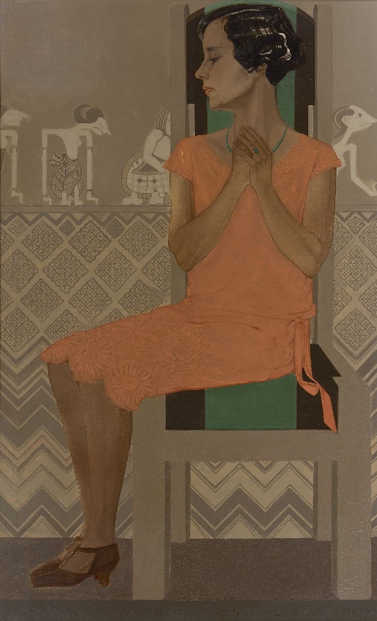 Wolbert H.B.  | 'Herman' Bernard Wolbert | Schilderijen te koop aangeboden | Portret van Elsa van Warmelo, 24 jaar oud, olieverf op paneel 131,4 x 79,9 cm, gesigneerd rechtsonder en gedateerd MCMXXIX [1929]