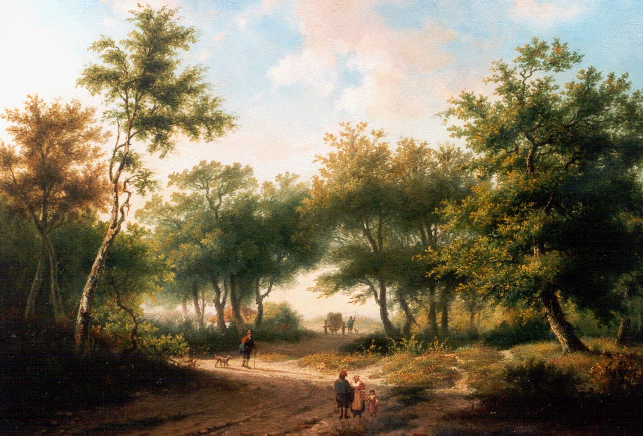 Koekkoek P.H.  | Pieter Hendrik 'H.P.' Koekkoek, Figuren op een bospad, olieverf op paneel 34,7 x 48,7 cm, gesigneerd linksonder