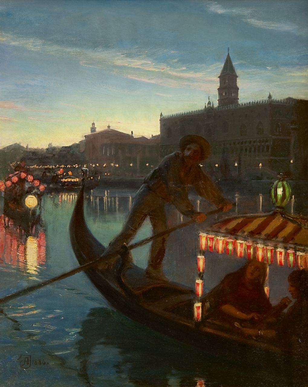 August Andreas Jerndorff | Gondola voor het Dogepaleis in Venetië, bij avond, olieverf op doek, 41,0 x 33,0 cm, gesigneerd l.o. met monogram en gedateerd 1886