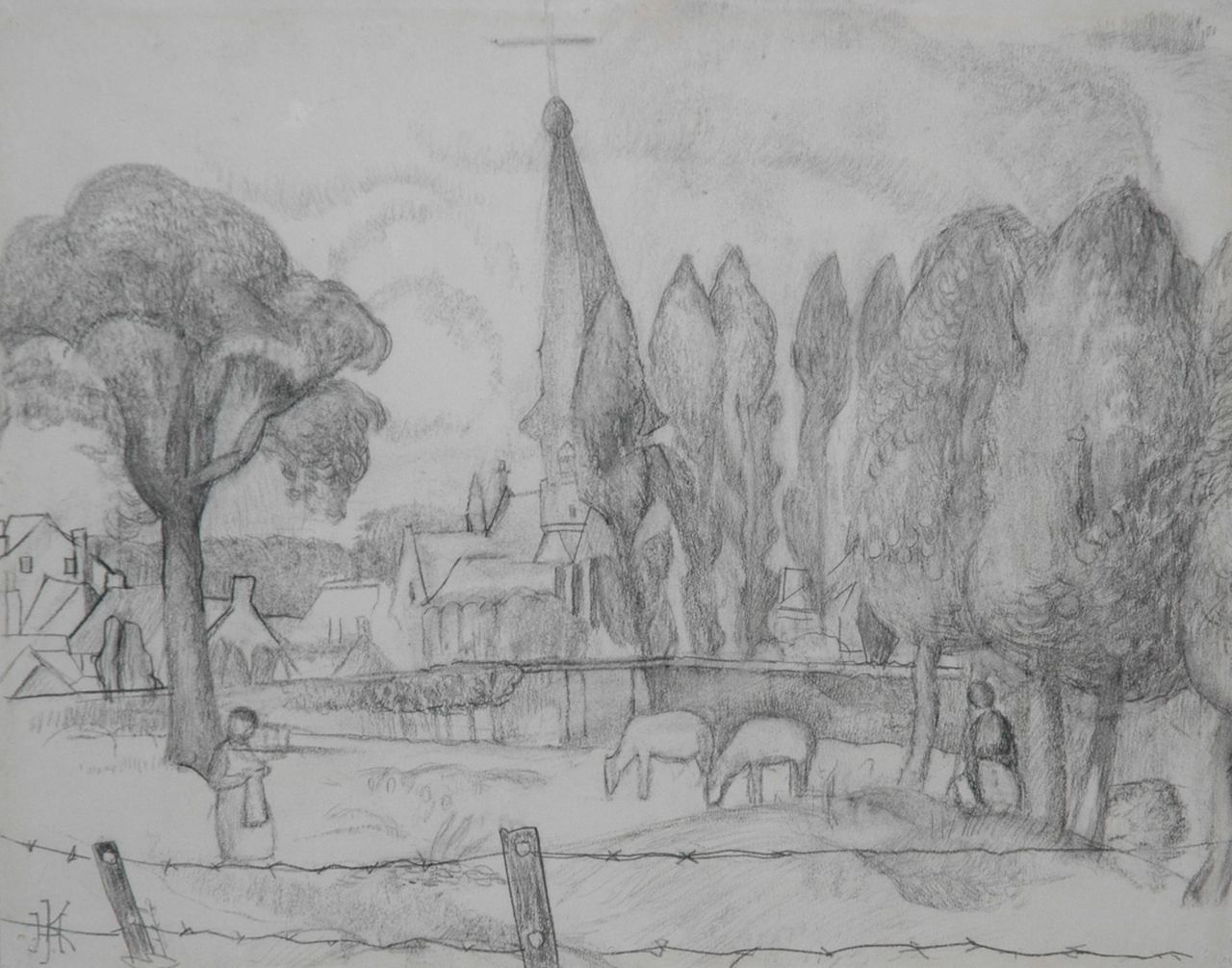 Kruyder H.J.  | 'Herman' Justus Kruyder, Limburgs landschap met kerktoren, potlood op papier 26,0 x 32,8 cm, gesigneerd linksonder monogram en te dateren 1923-1927