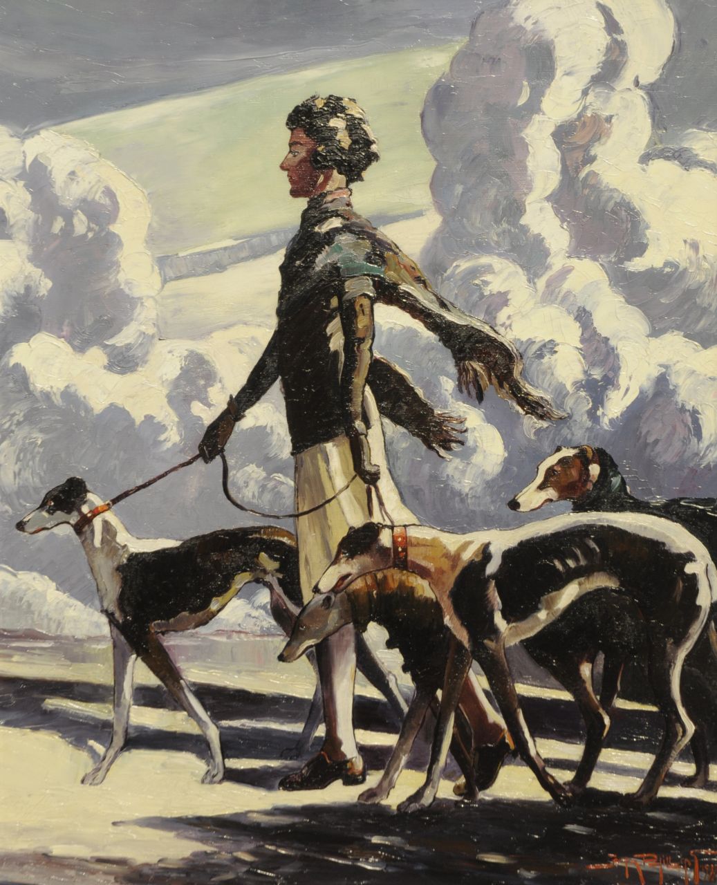John Phillips | Wandeling met de honden, olieverf op doek, 50,1 x 40,2 cm, gesigneerd r.o. en gedateerd 1939