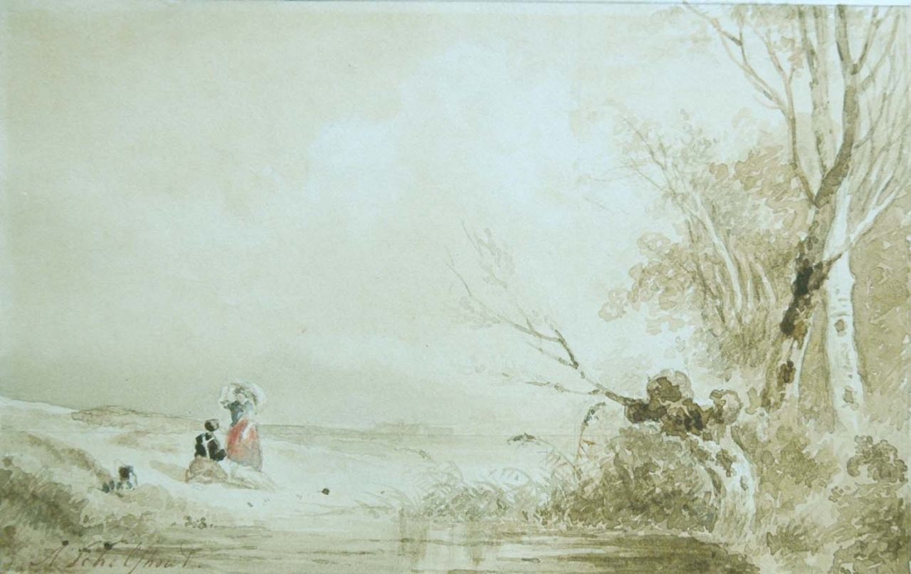 Schelfhout A.  | Andreas Schelfhout, Landvolk bij een ven, potlood, sepia en aquarel op papier 14,0 x 22,2 cm, gesigneerd linksonder
