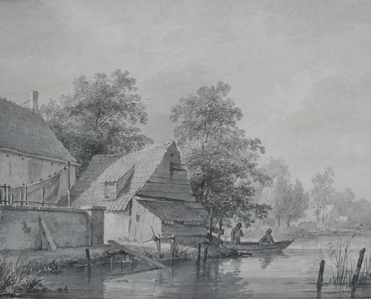 Schelfhout A.  | Andreas Schelfhout, Vaartje met vissers, penseel in grijze inkt op papier 22,0 x 27,0 cm, gesigneerd verso