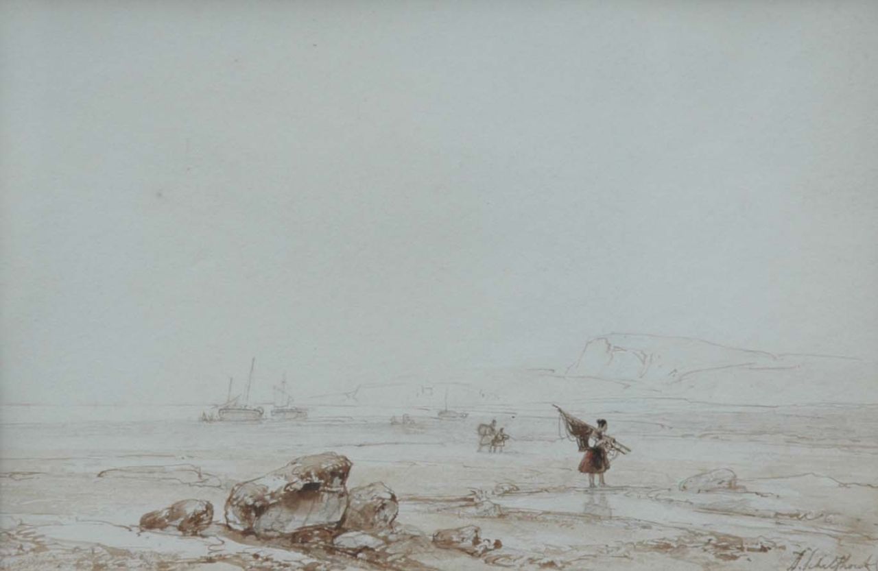 Schelfhout A.  | Andreas Schelfhout, Laag tij aan de Noord-Franse kust, potlood, penseel in bruine inkt en aquarel op papier 16,5 x 24,0 cm, gesigneerd rechtsonder