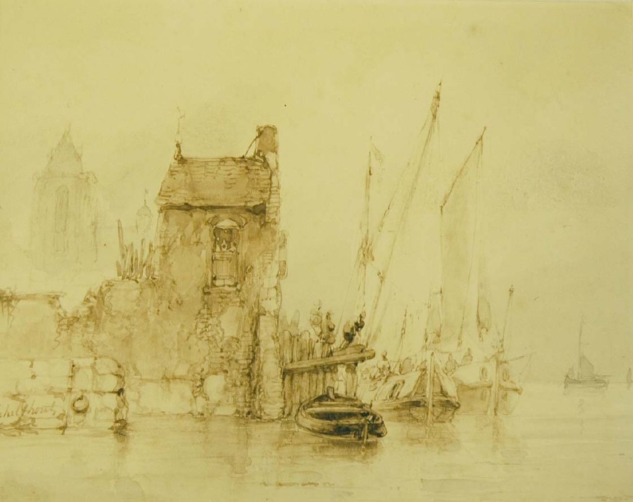 Schelfhout A.  | Andreas Schelfhout, Zeilschepen bij een aanlegplaats, penseel in bruine inkt op papier 15,0 x 18,5 cm, gesigneerd linksonder