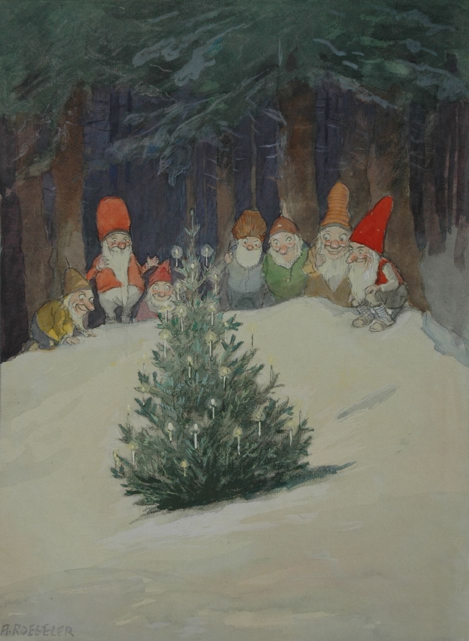 Roeseler A.  | August Roeseler, De zeven dwergen rond een kerstboom, zwart krijt en aquarel op papier 42,5 x 31,7 cm, gesigneerd linksonder