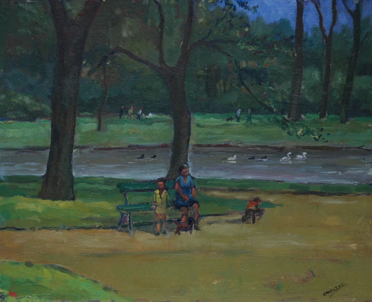 Noltee B.C.  | Bernardus Cornelis 'Cor' Noltee, Moeder met kinderen in het park, olieverf op schildersboard 38,1 x 47,0 cm, gesigneerd rechtsonder