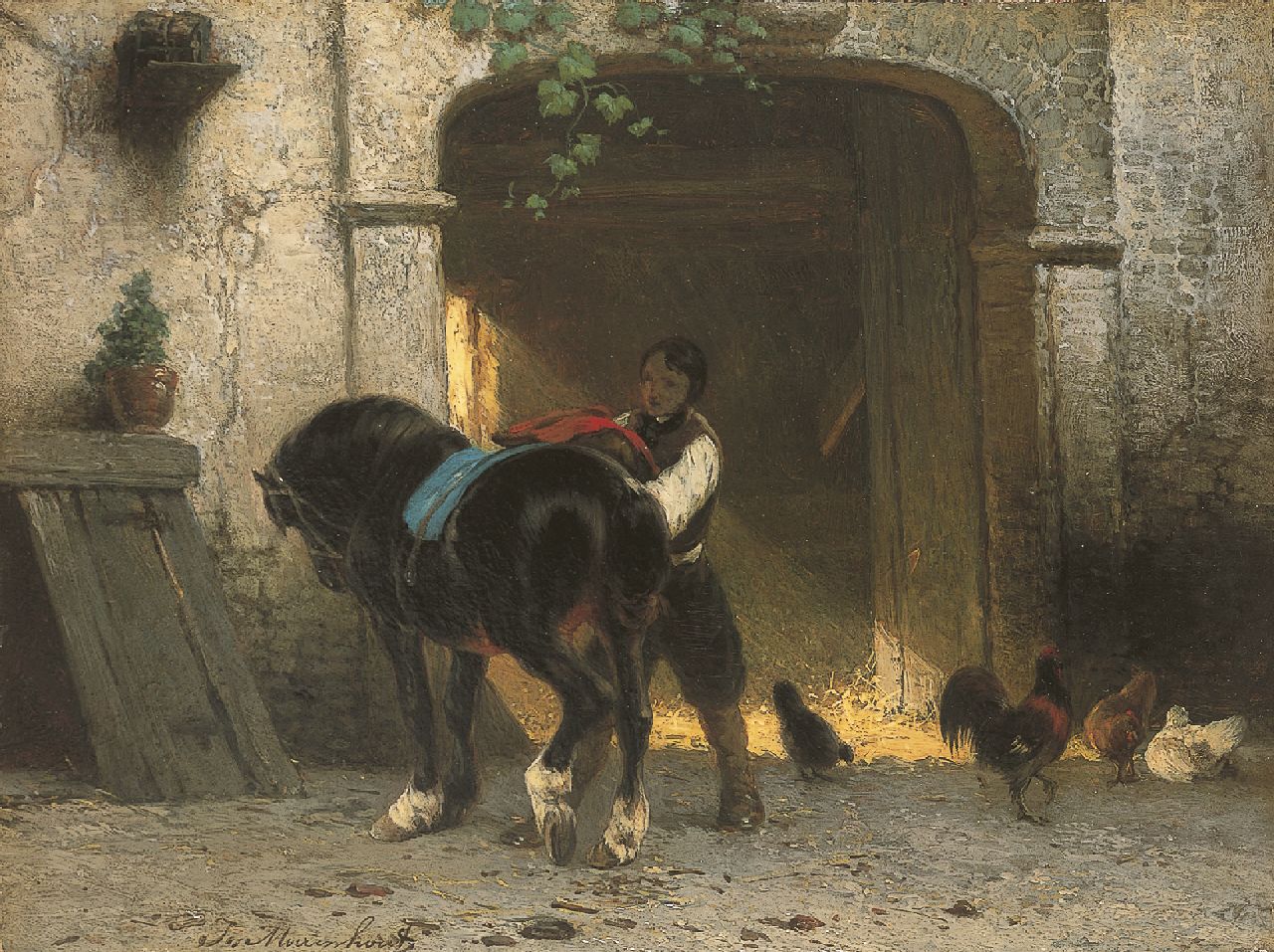 Moerenhout J.J.  | Josephus Jodocus 'Joseph' Moerenhout, Opzadelen van het paard, olieverf op paneel 22,7 x 30,5 cm, gesigneerd linksonder