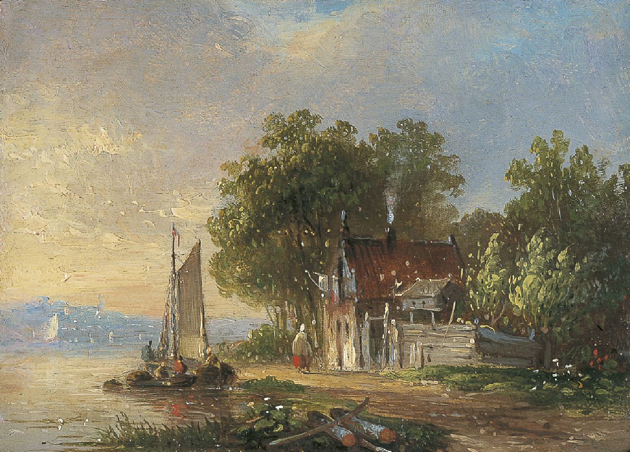 Stok J. van der | Jacobus van der Stok, Landschap met afgemeerde zeilboot, olieverf op paneel 8,5 x 11,9 cm