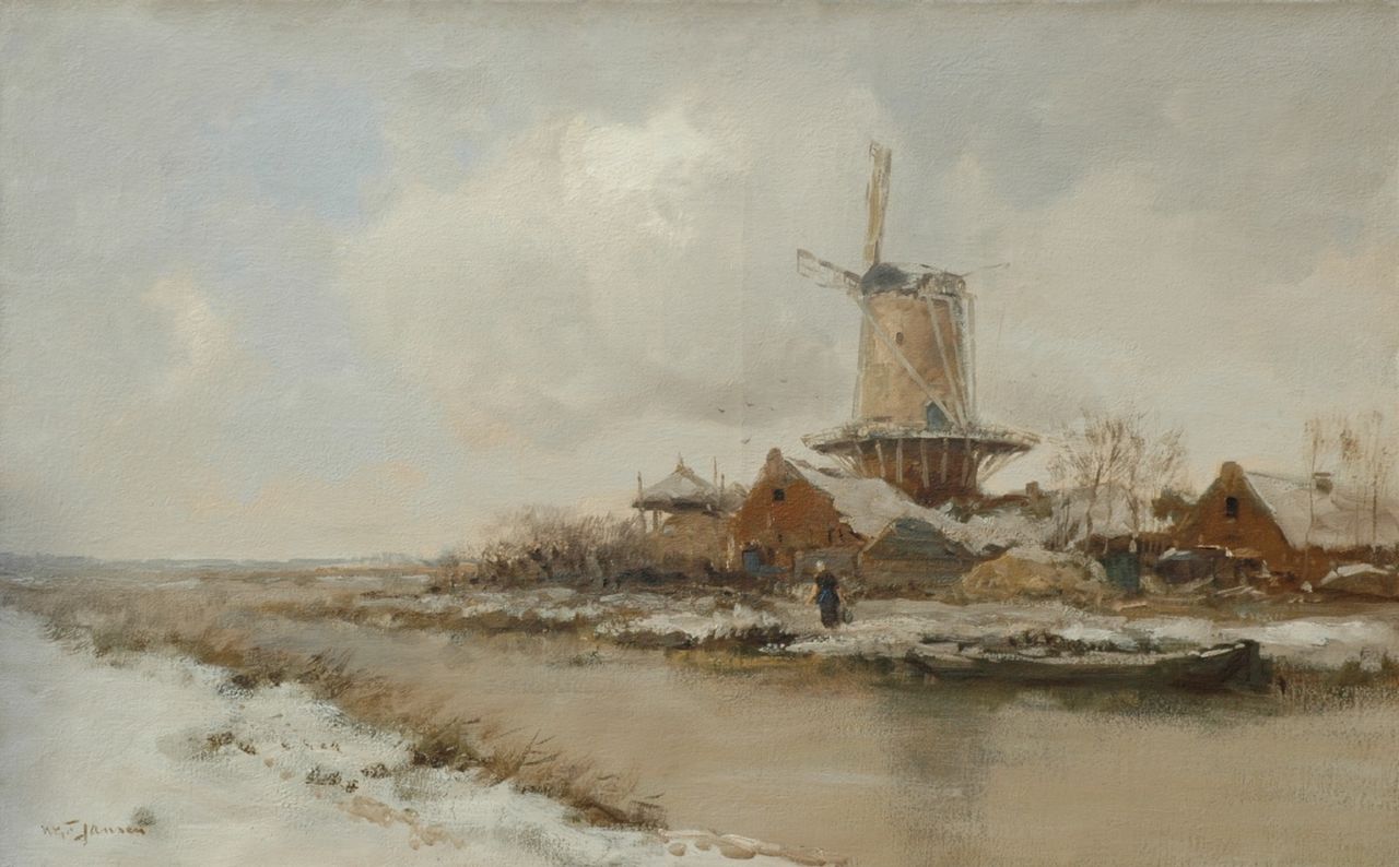 Jansen W.G.F.  | 'Willem' George Frederik Jansen, Stellingmolen in winters polderlandschap, olieverf op doek 63,8 x 101,7 cm, gesigneerd linksonder