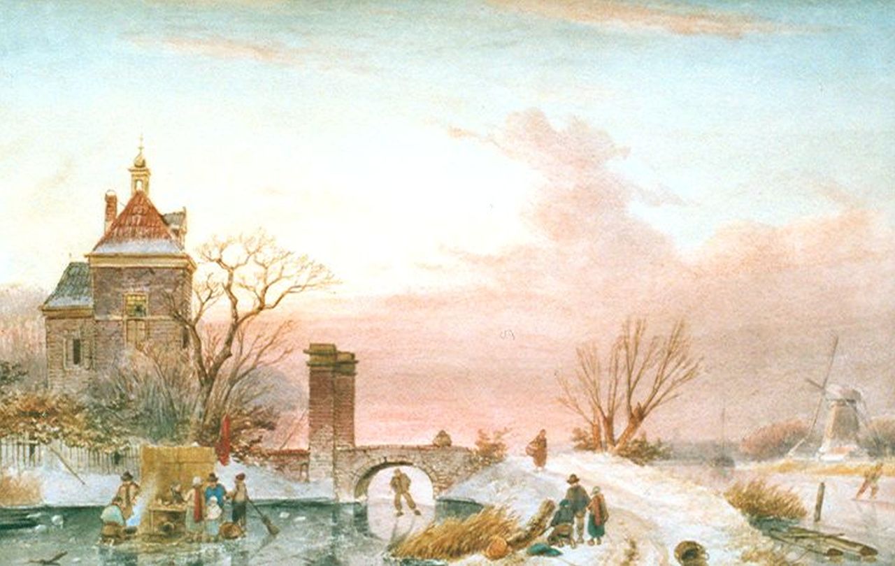 Leickert C.H.J.  | 'Charles' Henri Joseph Leickert, Schaatspret op een bevroren rivier bij een toren, aquarel op papier 30,8 x 48,8 cm, gesigneerd rechtsonder
