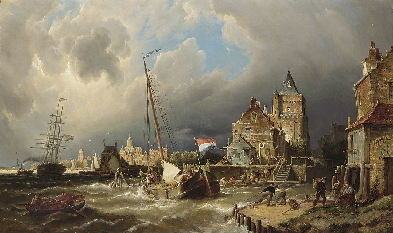 Dommershuijzen P.C. | Pieter Cornelis Dommershuijzen, Beurtschip in de havenmonding van Dordrecht bij opkomende storm, olieverf op doek 75,3 x 127,0 cm, gesigneerd linksonder en gedateerd 1885 Dommershuijzen P.C. | Pieter Cornelis Dommershuijzen, Beurtschip in de havenmonding van Dordrecht bij opkomende storm, olieverf op doek 75,3 x 127,0 cm, gesigneerd linksonder en gedateerd 1885
