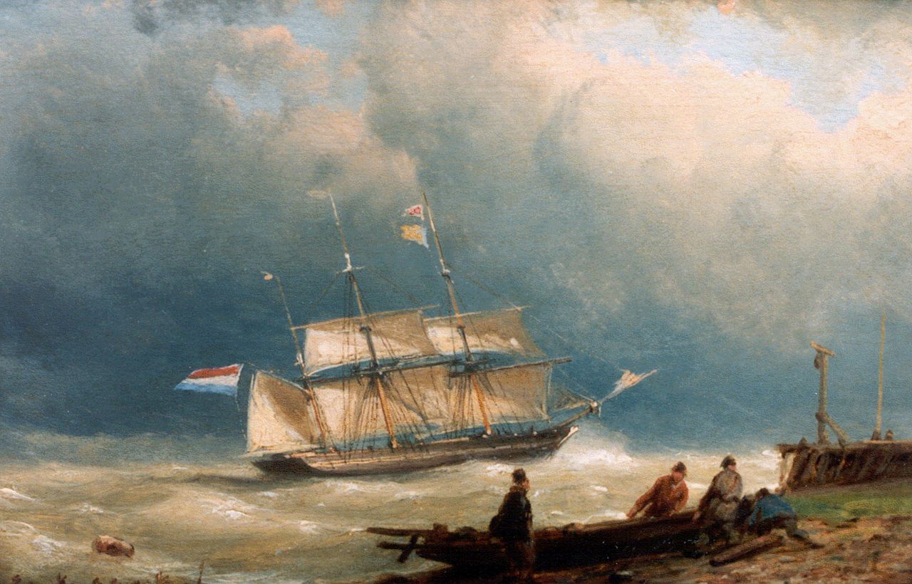 Koekkoek J.H.B.  | Johannes Hermanus Barend 'Jan H.B.' Koekkoek, Zeilboot voor de kust, olieverf op paneel 12,0 x 18,3 cm, gesigneerd linksonder
