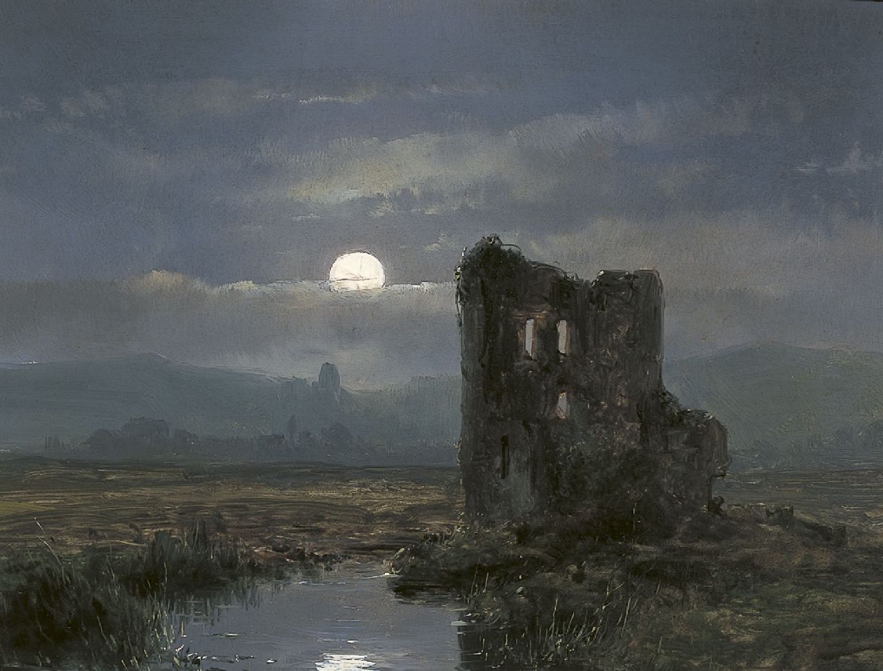 Schelfhout A.  | Andreas Schelfhout, Ruïne bij maanlicht, olieverf op paneel 17,3 x 22,0 cm, verso gedateerd 1854