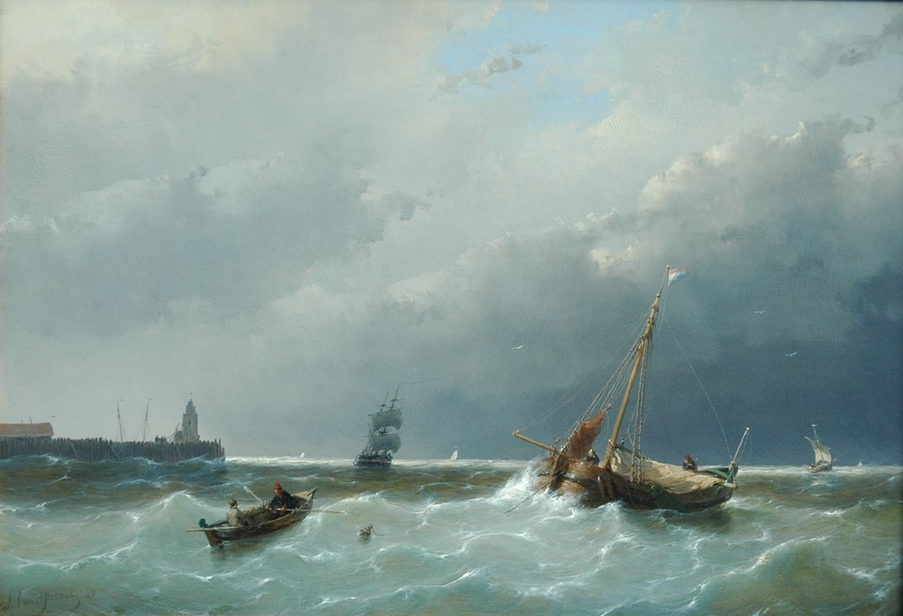 Schelfhout A.  | Andreas Schelfhout, Vissers op onstuimige zee, olieverf op paneel 30,6 x 44,1 cm, gesigneerd linksonder en gedateerd '60