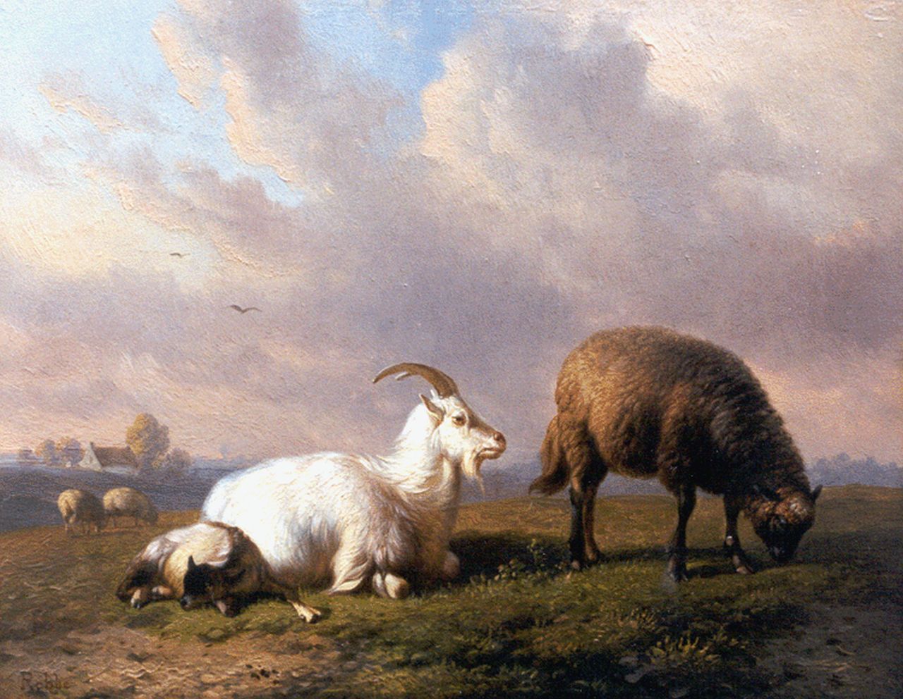 Robbe L.M.D.R.  | Louis Marie Dominique Romain Robbe, Weidelandschap met geit, schaap en een lam in de wei, olieverf op paneel 16,1 x 20,5 cm, gesigneerd linksonder