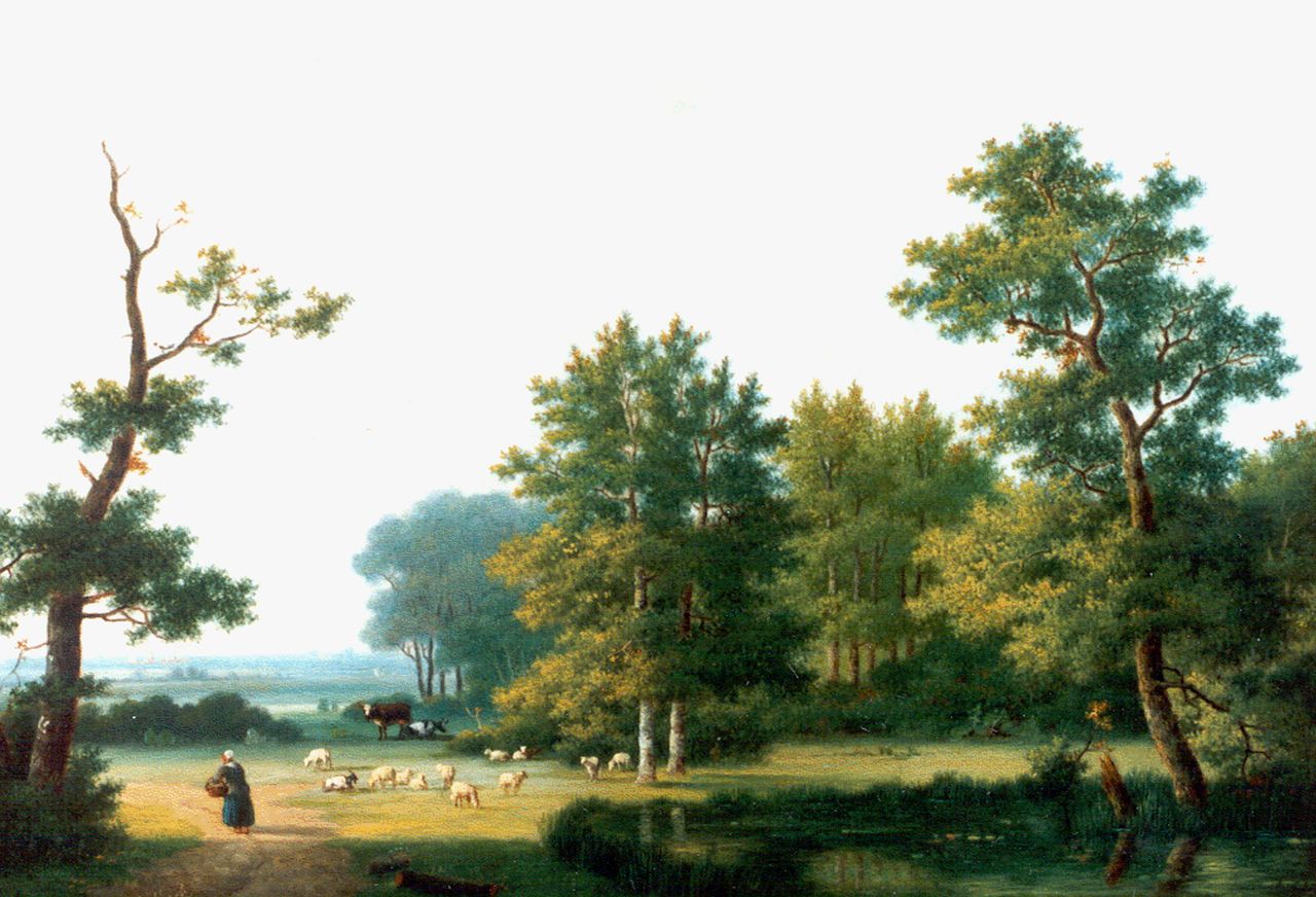Koekkoek P.H.  | Pieter Hendrik 'H.P.' Koekkoek, Landschap met boerin en vee, olieverf op paneel 20,3 x 28,3 cm, gesigneerd linksonder