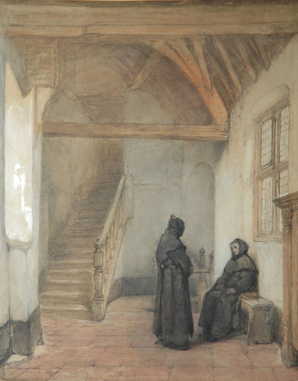 Bosboom J.  | Johannes Bosboom, In het klooster te Boxmeer, penseel in zwarte inkt en aquarel op papier 45,0 x 36,8 cm, gesigneerd middenonder